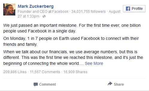 Mark Zuckerberg's celebratory Facebook post
