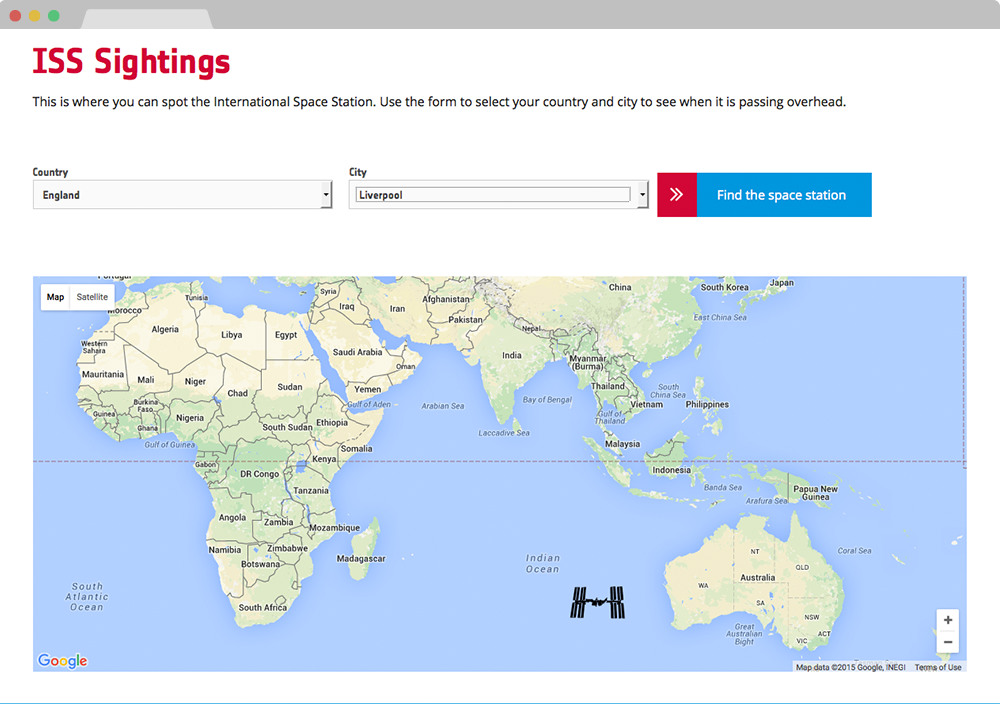 A screenshot of the International Space Station tracker from the Principia website