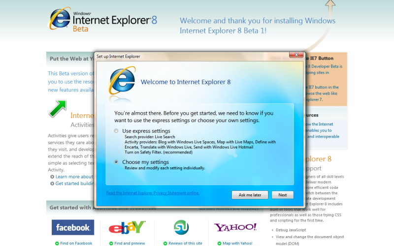 The setup screen for IE 8