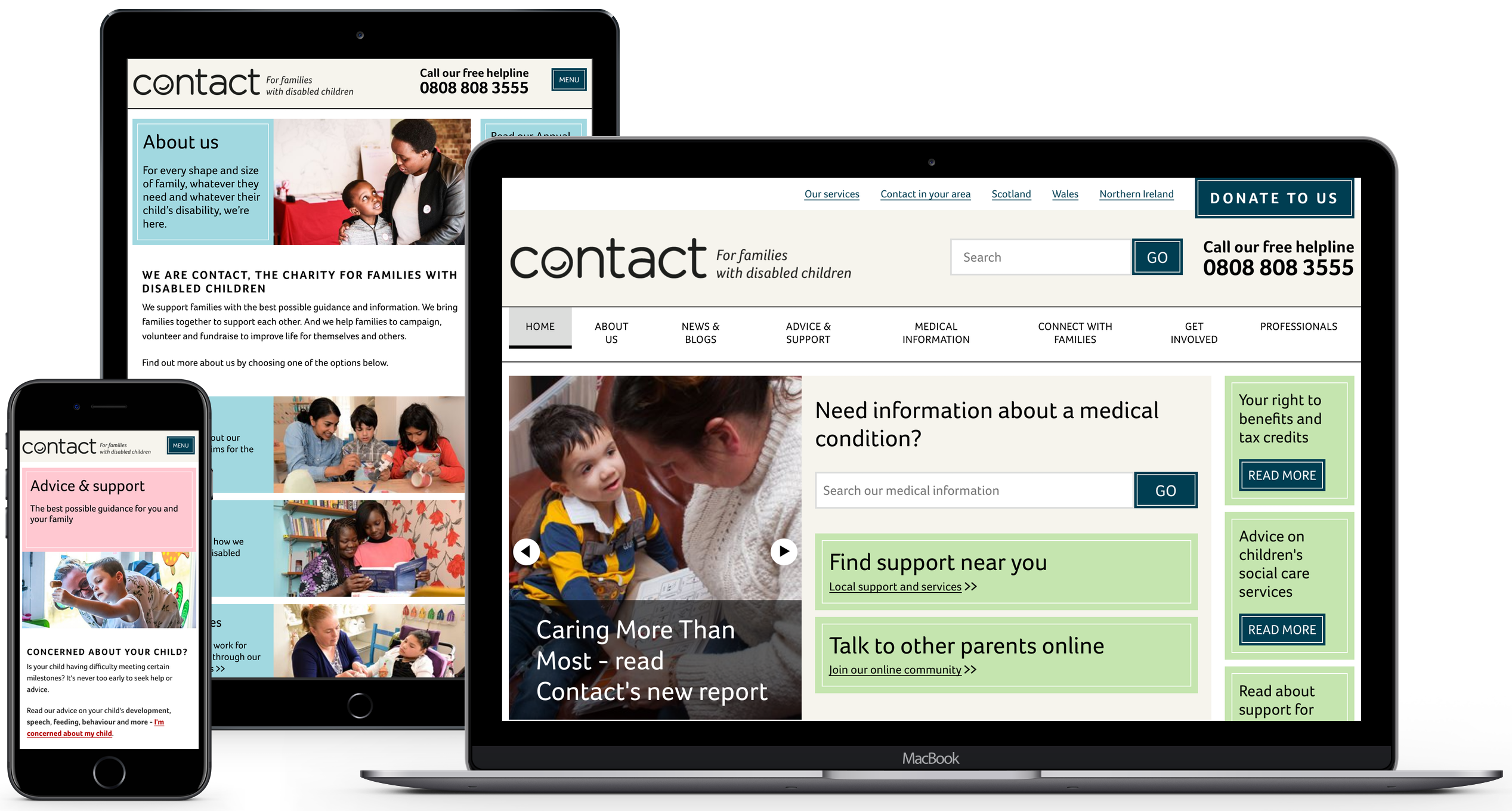 Contact a Family website displayed on iPhone, iPad and Macbook