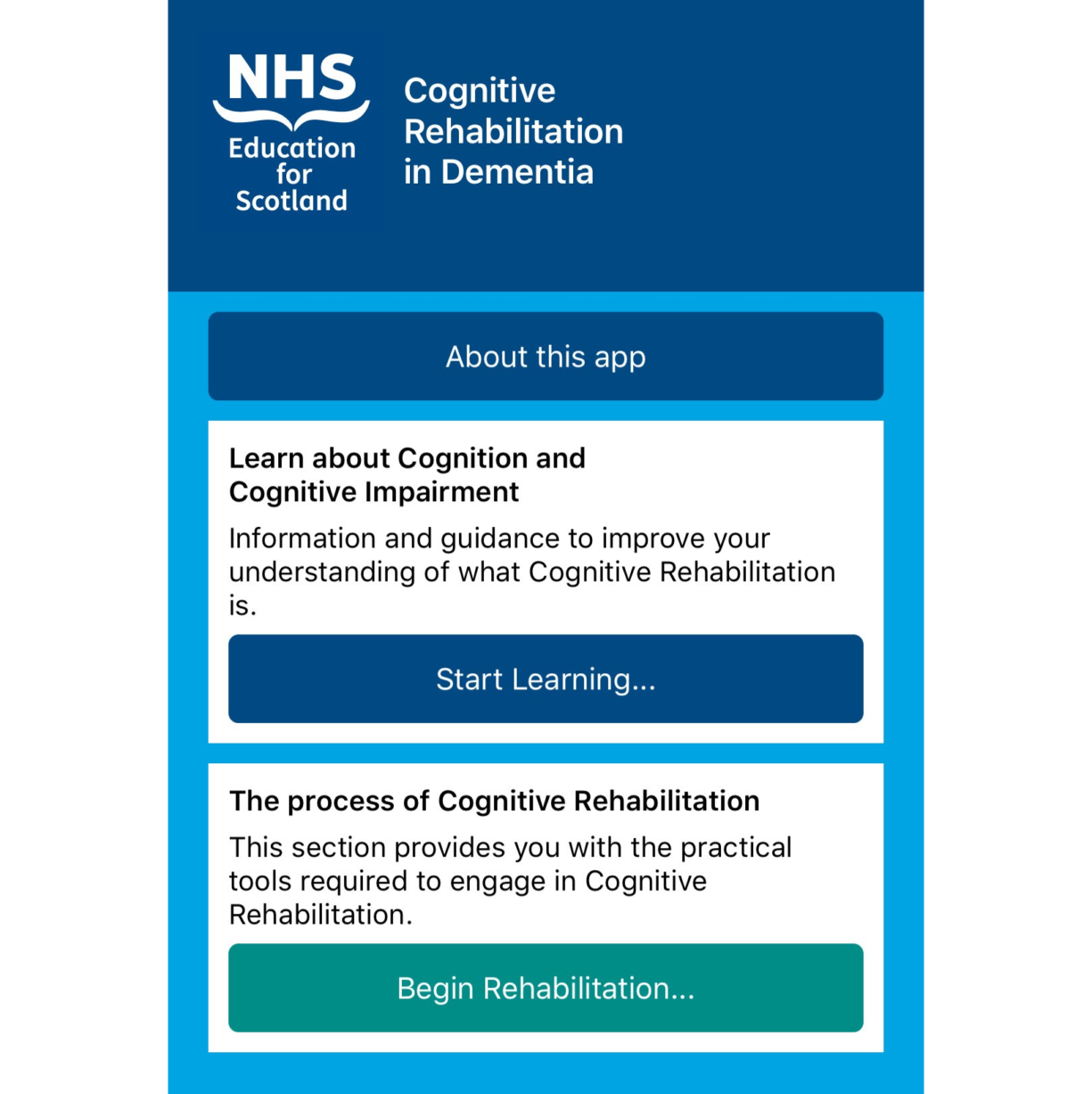 NHS Education for Scotland's Cognitive Rehabilitation in Dementia app home screen