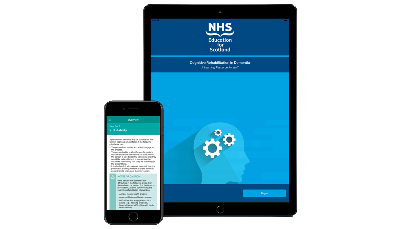 NHS Education for Scotland's Cognitive Rehabilitation in Dementia app displayed on iPad and iPhone devices