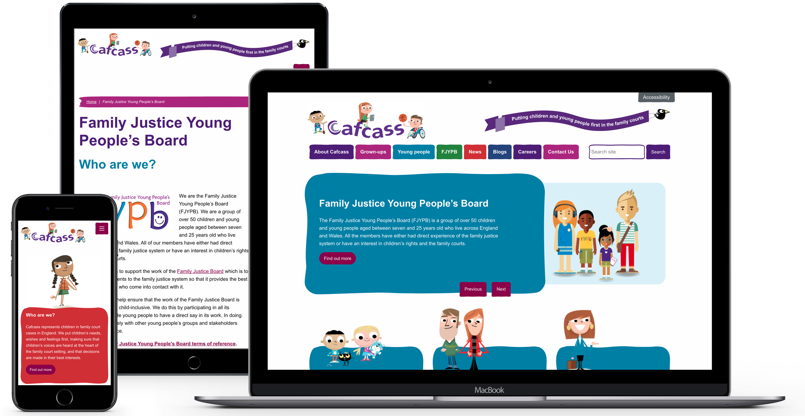 Cafcass website displayed on desktop, mobile and tablet