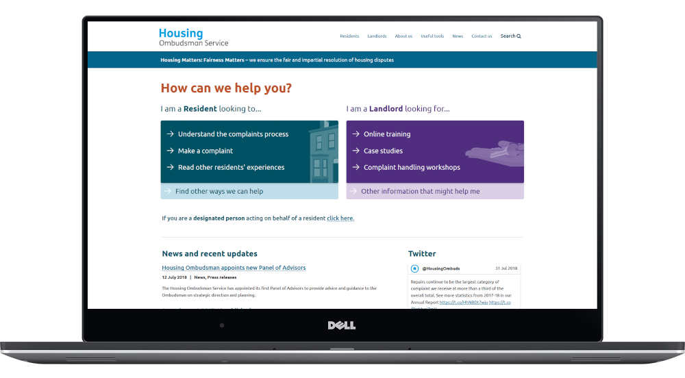 Housing Ombudsman website homepage displayed on a laptop