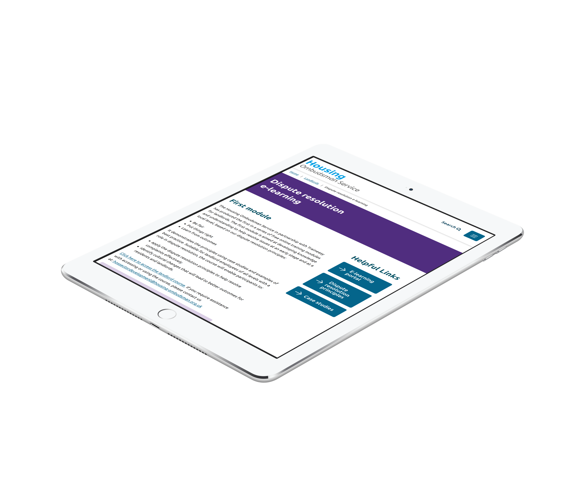 Housing Ombudsman e-learning website displayed on iPad