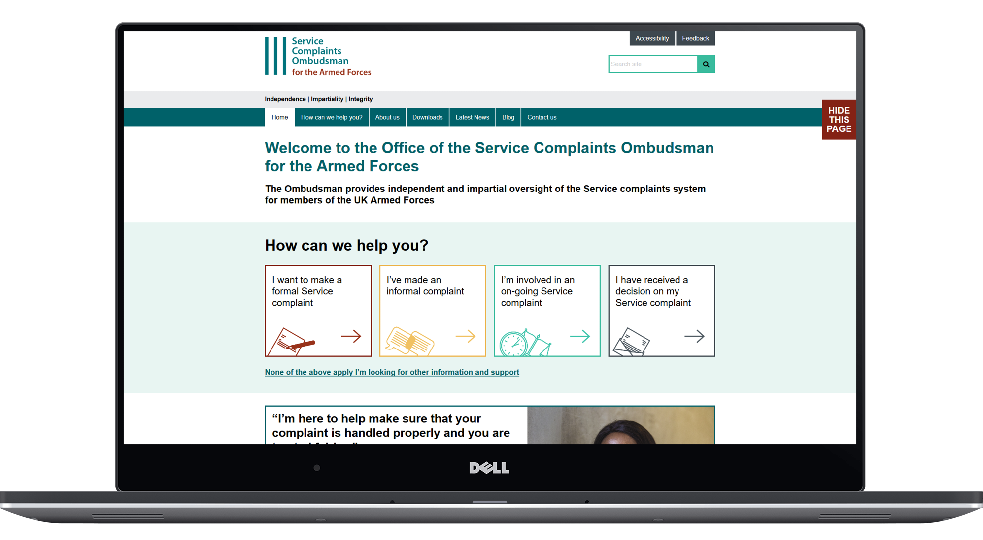 Service Complaints Ombudsman for the Armed Forces website displayed on a laptop