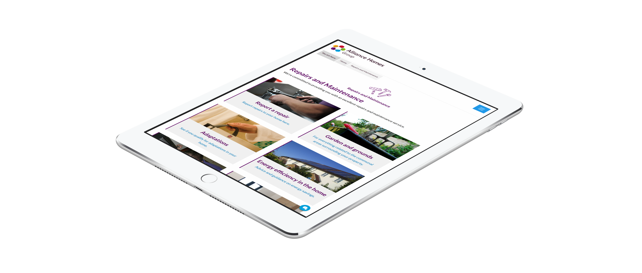 Alliance Homes website displayed on a tablet