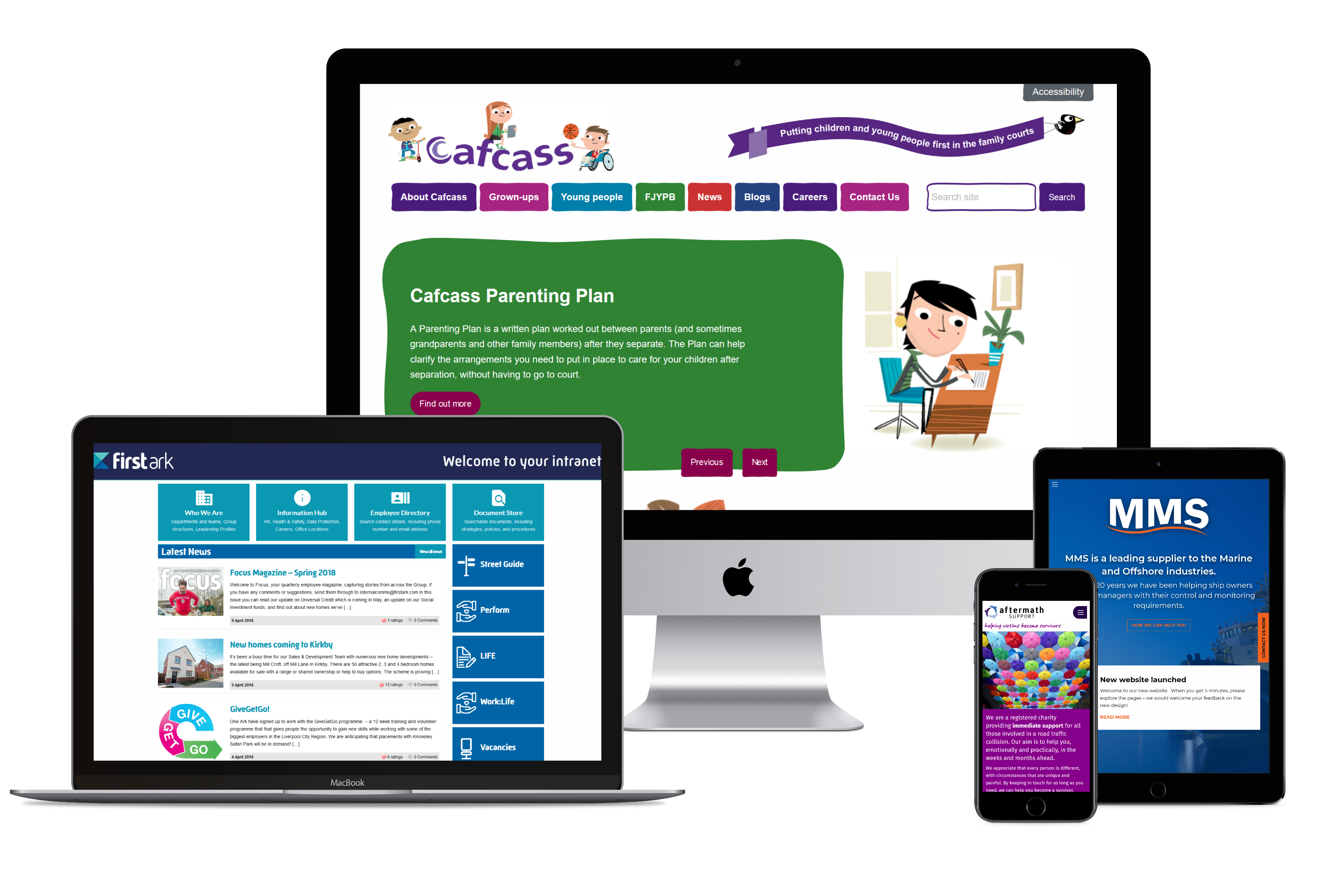 Various devices showing screenshots of websites for Cafcass, First Ark, Aftermath Support and Marine Marketing Services