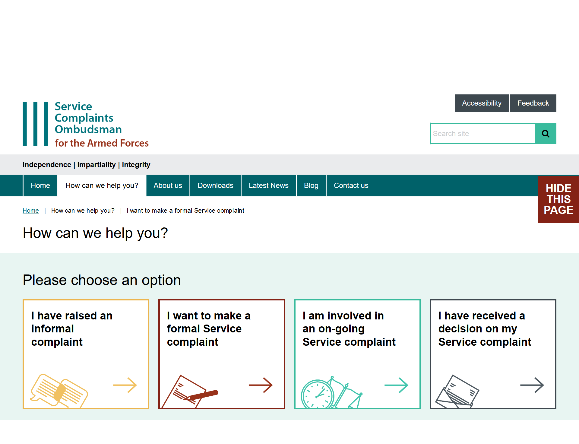 Service Complaints Ombudsman for the Armed Forces website screenshot