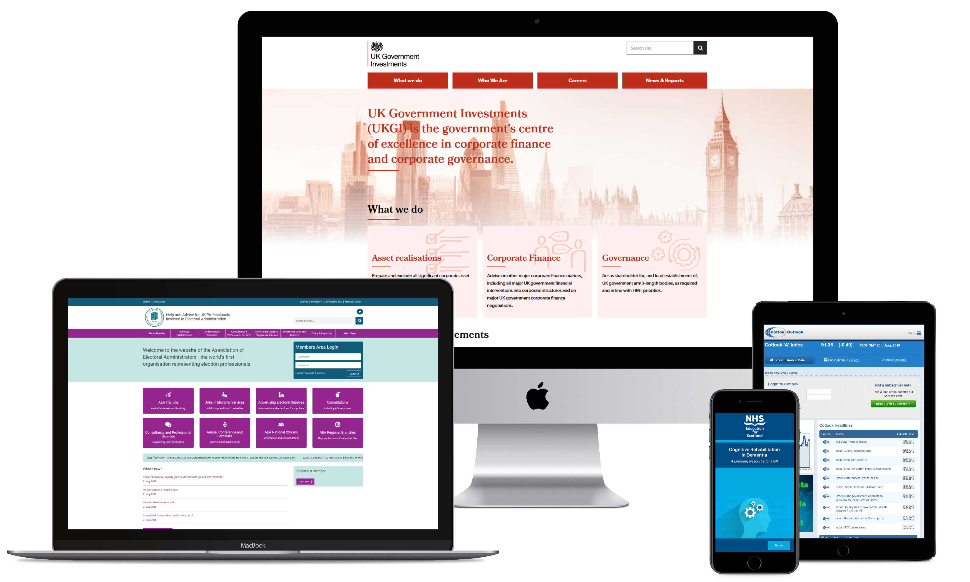 A selection of Connect's design & development projects displayed on desktop, mobile and tablet