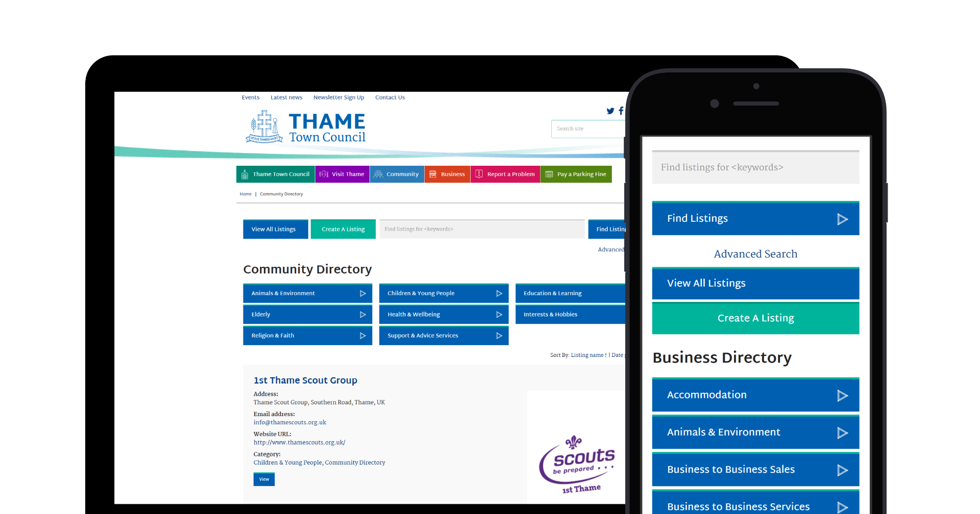 Thame Town Council's website displayed on desktop and mobile