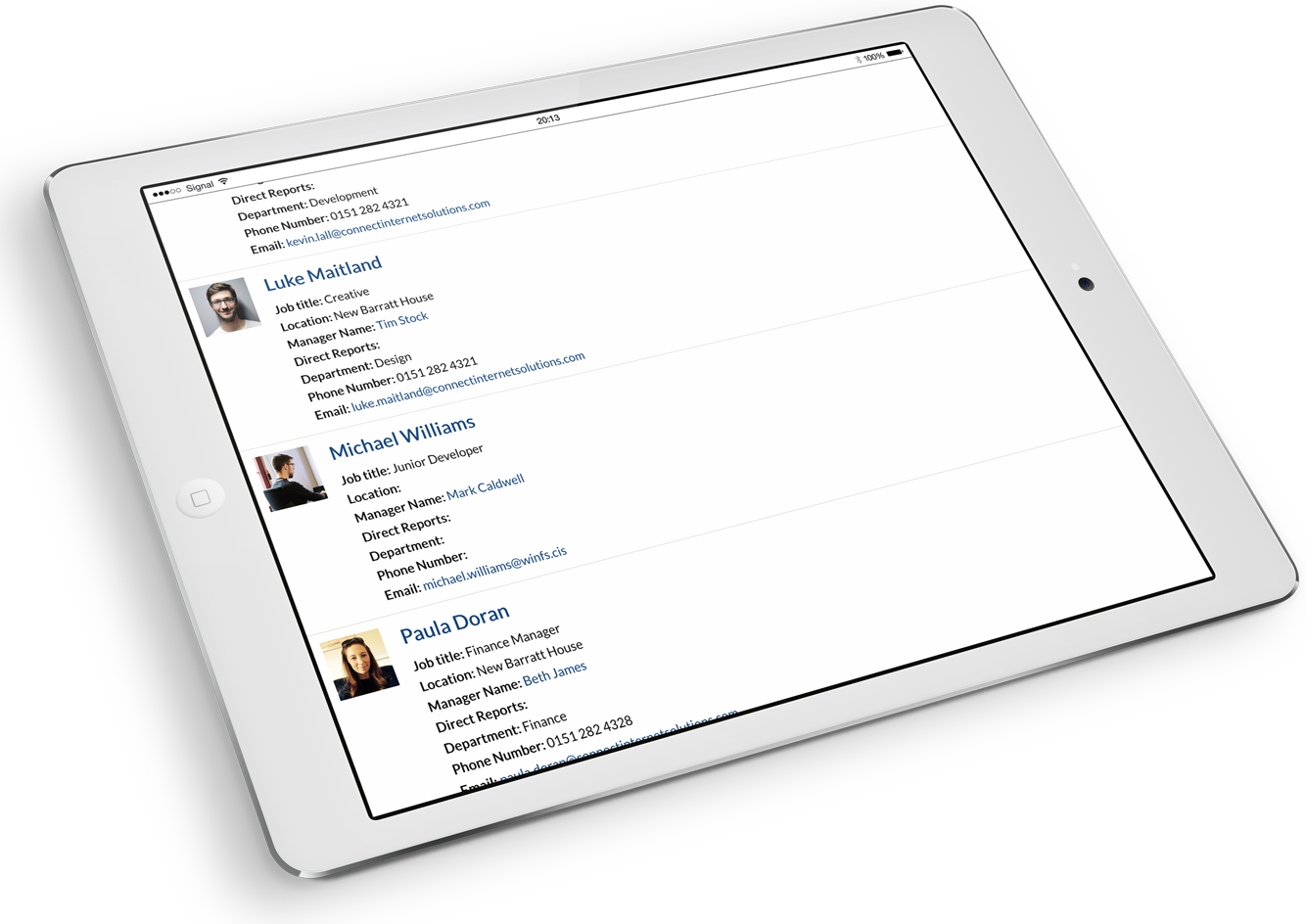 Staff Directory from Hivetalk affordable intranet displayed on a tablet