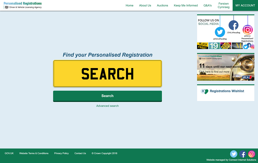 A screenshot of DVLA's Personalised Registrations website