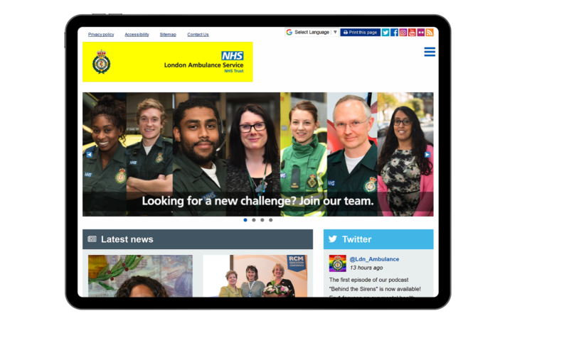 Screenshot of London Ambulance Service website on tablet device