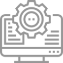 Greyscale icon of computer screen with gear overlay