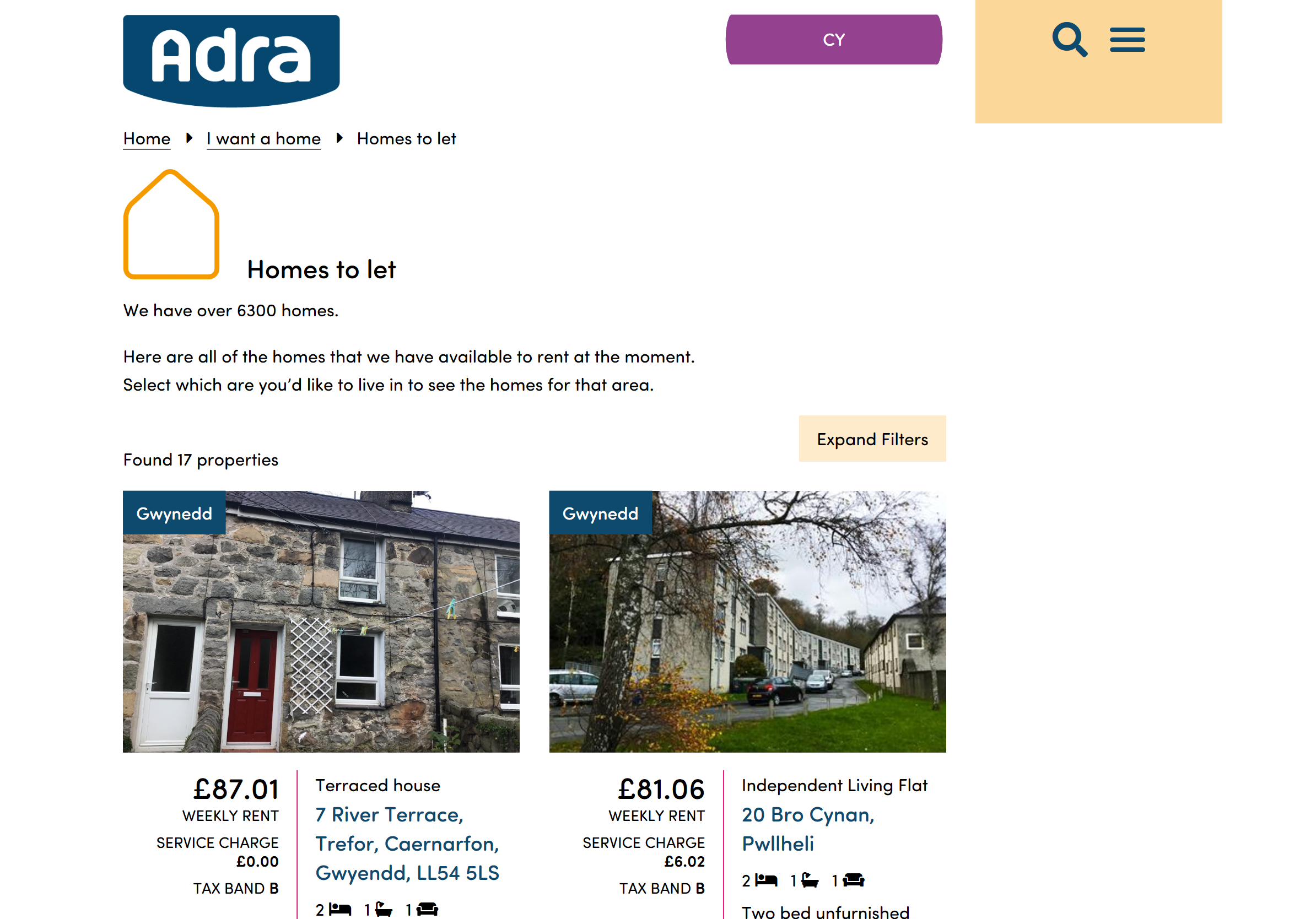 Adra properties section screenshot