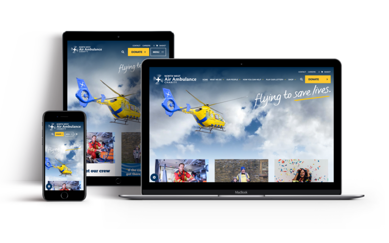 North West Air Ambulance website shown on mobile device, tablet and laptop screens.